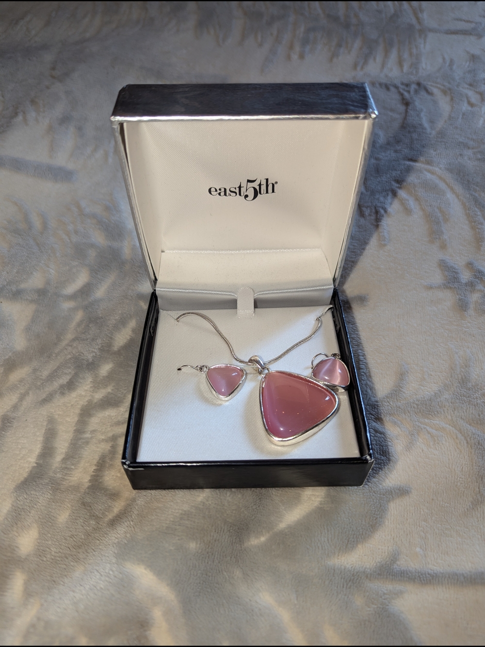 East 5th Silver-Tone Pink Triangle Pendant Necklace and Earrings